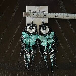 Beaded butterfly Fringe Earrings in Black, White, and Turquoise